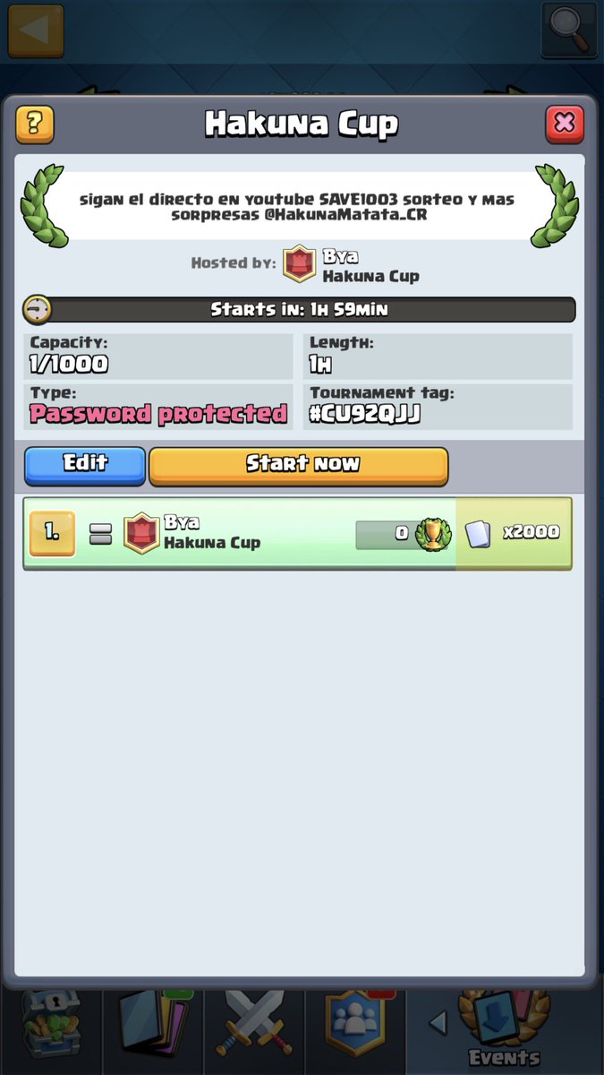 La final de nuestra copaaa se está poniendo buena torneoooooooo #torneo 2000 personaaaa vean el directo de nuestra primera final #ClashRoyale apoyen a Hakuna chicos #HakunaOP