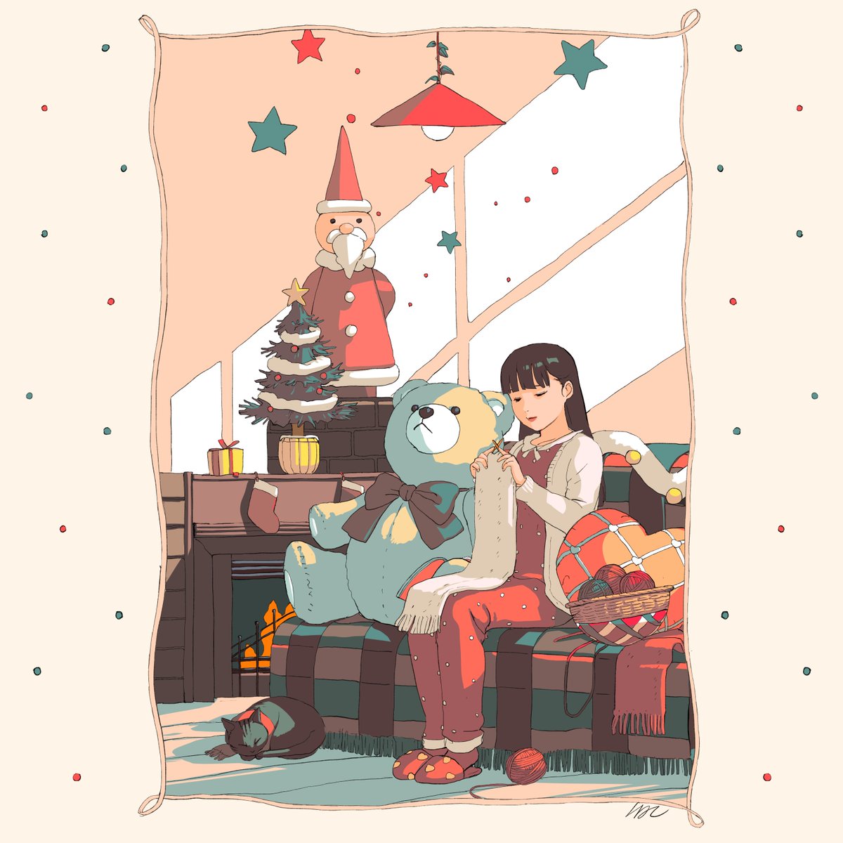 1girl teddy bear stuffed animal stuffed toy black hair christmas sitting  illustration images