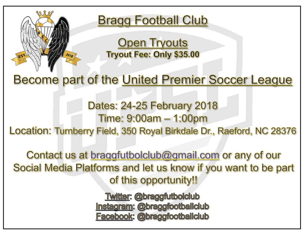 BraggFutbolClub's tweet photo. @BraggFutbolClub #braggfc #bragginupsl
Open Tryout to build a strong team moving forward in the @UPSLsoccer
Reach out to us and let us know if you want to change your life with an awesome opportunity. https://t.co/ikIPThfhL8