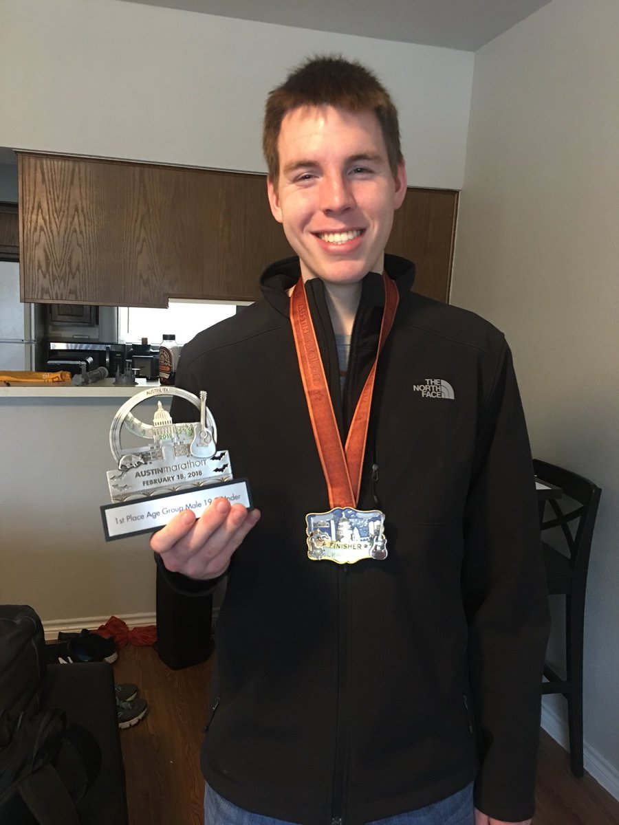 suzanne_doughty's tweet photo. So proud of nephew and #UTstudent @DavidMeskill for running the @austinmarathon. He won his age group!👏🏃♂️🥇#AustinMarathon Congrats! https://t.co/2QAxreAe2n
