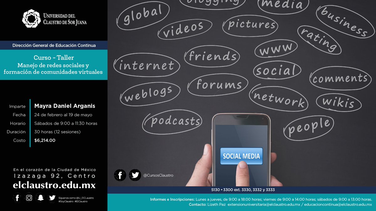 CursosClaustro's tweet photo. Aprende a gestionar de manera profesional redes sociales. Inscríbete en nuestro curso de Manejo de redes sociales. Iniciamos el 24 de febrero https://t.co/VPNh1yW8oh
#FormaciónClaustro https://t.co/sIdBIIYRbB