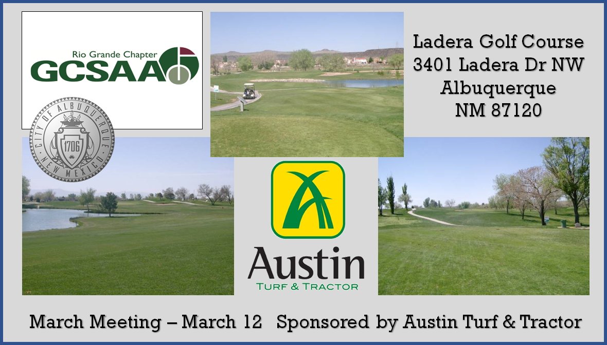 Our March Meeting has been set for Ladera Golf Course in ABQ! Please join us as our host Superintendent James Lucero welcomes us! The event will include business meeting, education, lunch and of course golf.  Click here for more info and to register: 
rggcsa.org/save-date-marc…