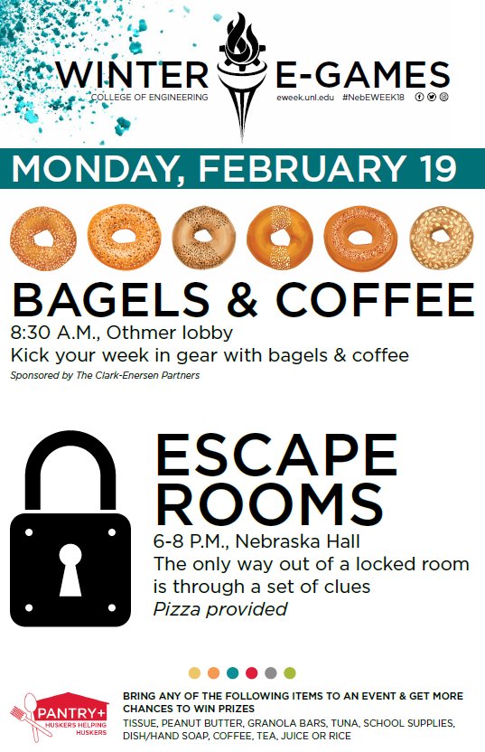 UNLeSAB's tweet photo. Happy E-Week everybody, the Winter Games are here! Get the energy you need for a successful week with bagels and coffee in Othmer lobby, and end the night with Escape Rooms, Nebraska Hall edition (register through https://t.co/jUBXUytCKq). #nebeweek18 https://t.co/cGn9qipjzS