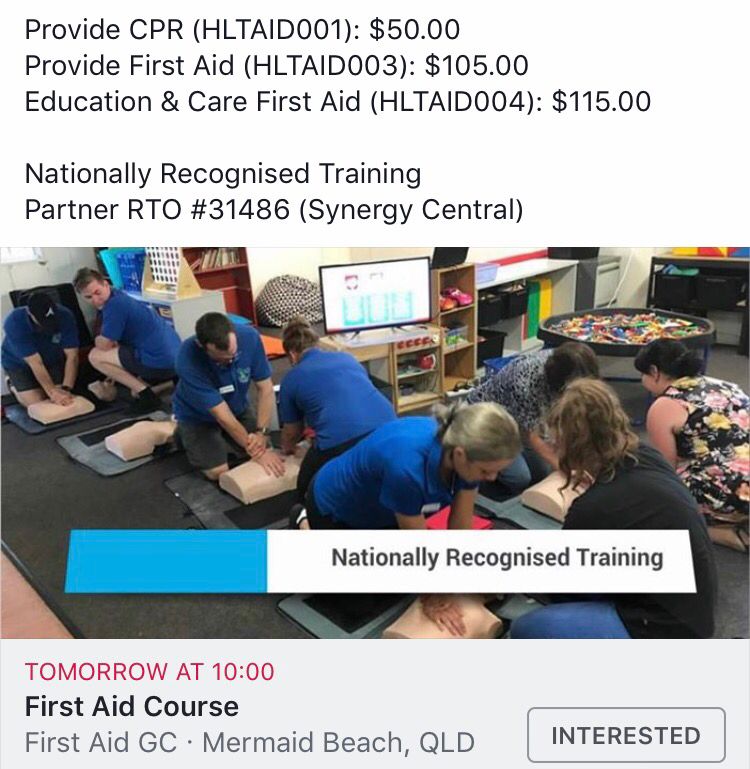 First_Aid_GC's tweet image. Join our next First Aid Course at 10am tomorrow (Tuesday) in Mermaid Beach. Call Luke on 0401 276 768 to book your spot. 

#firstaid #cpr #mermaidbeach #firstaidgc