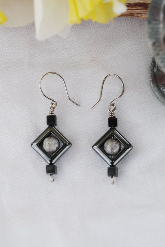 buff.ly/2ECb7bq Geometric hematite earrings by Rocks2Gems2Wire #hematite #geometricearrings #grayjewelry #hematitejewelry #Etsy #handmadejewelry #stainlesssteel #shopsmall