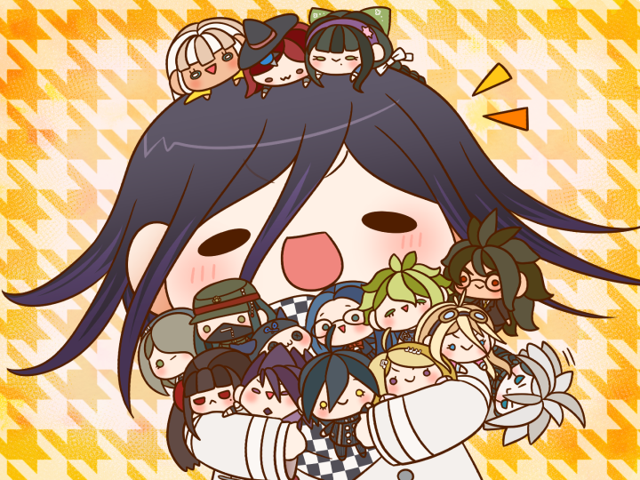 akamatsu kaede ,amami rantarou ,harukawa maki ,iruma miu ,keebo ,momota kaito ,ouma kokichi ,saihara shuuichi ,yumeno himiko checkered scarf checkered clothes witch hat musical note hair ornament multiple boys smile character doll  illustration images