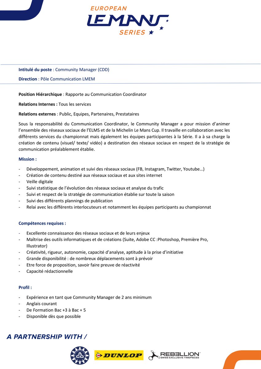 European Le Mans Series On Twitter Job Alert If