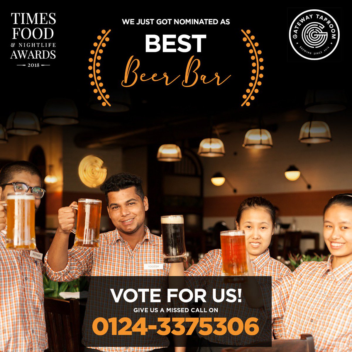 For the love of beer, vote for us!
Gateway Taproom is nominated as the Best Beer Bar by Times Food &amp; Nightlife Awards 2018, and we want you to keep our hoppy-ness alive. 
Help us win by voting for us. 
Give a missed call on 0124 3375306.

#Taproom #TimesFoodAwards