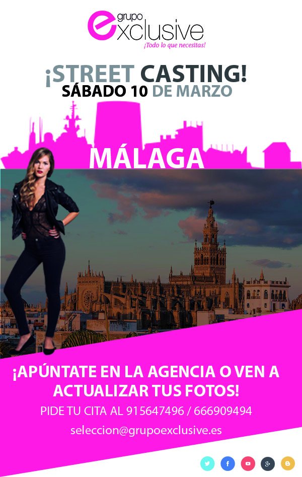 ¡STREET CASTING EN MÁLAGA!
¡Saca tu cita para apuntarte o actualizar tus fotos el próximo sábado 10 de marzo en #Malaga!
Más información al 915647496 / 666909494.

#streetcasting #ofertadeempleo