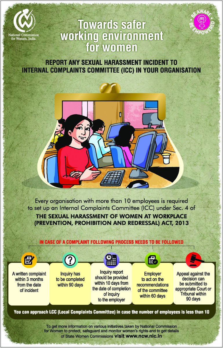 NCWIndia's tweet photo. Are you being sexually harassed by co-workers? #SexualHarassmentAtTheWorkplace is considered a crime under the Indian Penal Code, 1860. Here's how to report, where to report and what is ICC. https://t.co/m1GXU9M0hz