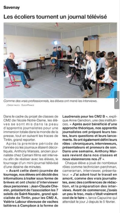 CamaniFilms's tweet photo. "C'était vraiment cool"
Nouvel article paru dans Ouest France au sujet des ateliers vidéo proposés par Camani Films !
Impatient de retrouver les CM2 de Savenay jeudi prochain pour leur montrer leur Journal Télévisé ! #ateliervideo #savenay https://t.co/jajBhaaHko https://t.co/9PAuuroZpF