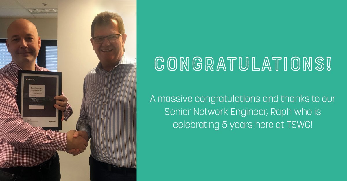 TSWG1's tweet photo. Happy 5 Years Raph! A huge congratulations and thanks to our Senior Network Engineer, Raph who is celebrating 5 years here at TSWG! #longservice #insidetswg https://t.co/gCfkyMGyp9