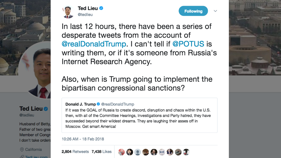 thehill's tweet photo. Dem lawmaker: Is someone from Russia writing Trump's tweets? https://t.co/qITO7lmKkf https://t.co/91RwDDWB15