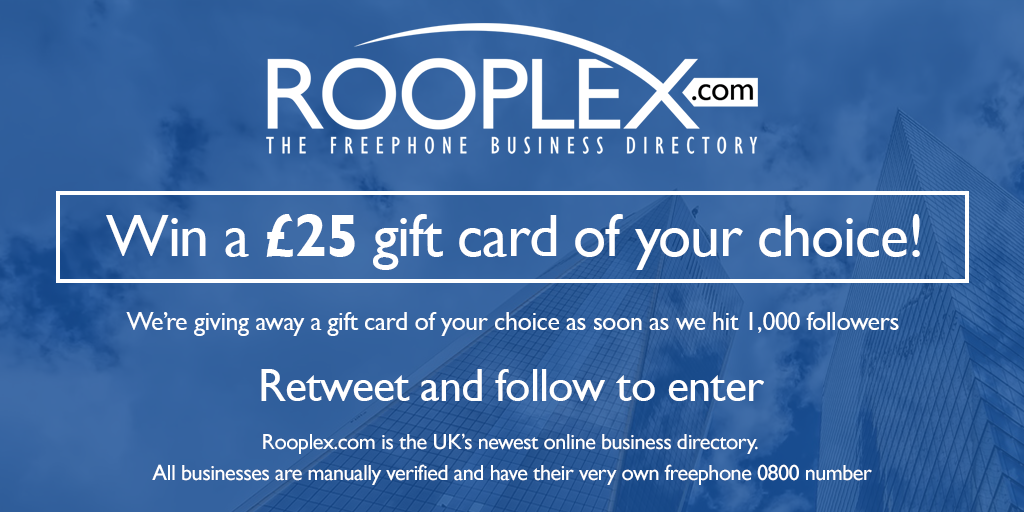 RooplexLtd's tweet photo. https://t.co/96hGLxE2MD has launched and to celebrate we're giving away a £25 gift card as soon as we get 1000 followers! Follow and RT for your chance to win! #win #Competition #RTtoWin https://t.co/lJBbzn3ewf