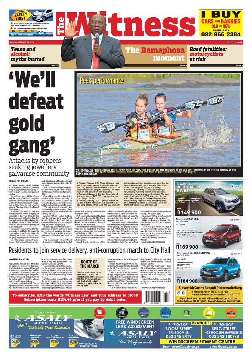 In #TheWitness today: 'We'll defeat the gold gang' | #Proteas endure more trouble | Tombstones targeted | City vehicle alleged to be used for 'personal matters' | Peek sisters win #Dusi Canoe Marathon | Bikers remain more vulnerable on the road