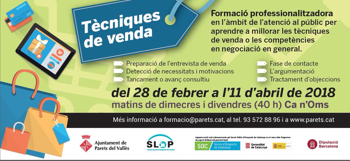 ParetsEmpreses's tweet photo. La propera setmana iniciem un curs de #TècniquesDeVenda a la #biblioteca de #CaNOms de 40 hores i encara queden places. #formació #empresa #comerç @SLOP_Parets @Consell_Indus https://t.co/HAA0tAnFE8
