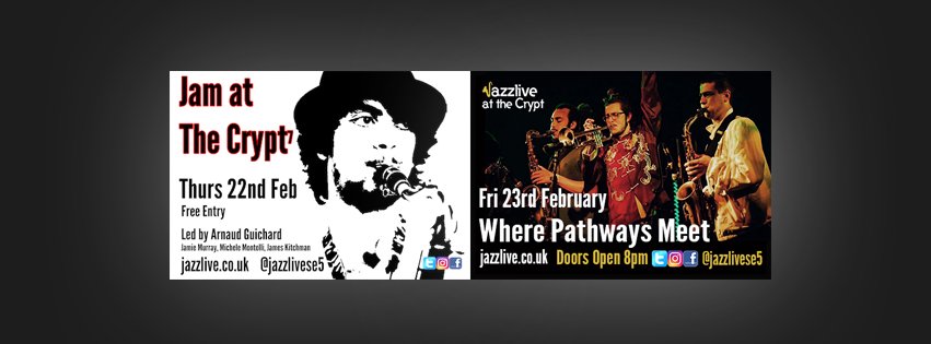 JazzliveSE5's tweet photo. Two events at #thecrypt this week. @arnaudgsax leads our free jam session on Thurs, while #WherePathwaysMeet perform this Fri 23rd. Doors at 8 for both. Tickets for WPM. Strongly advised to get yours here. https://t.co/aFZJO9CHcR #jazzlive #se5 #camberwell #southlondon #venue #1 https://t.co/eiwdek3fGh