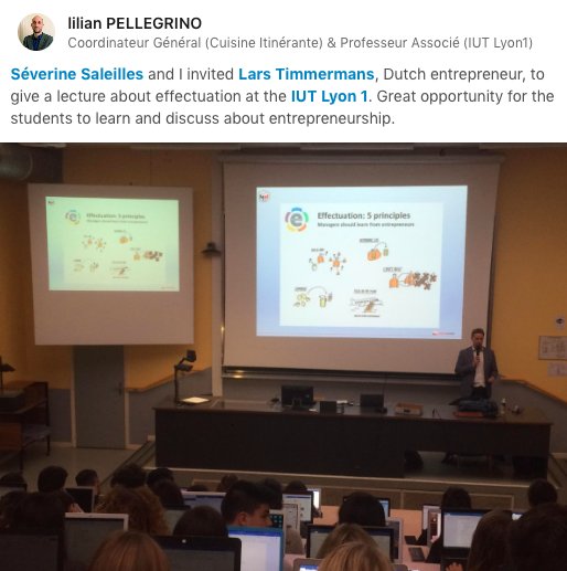 Bij de Universiteit van Lyon gaf <a href="/LarsTimmermans/">Lars Timmermans</a> van <a href="/MediaMoversNL/">Media Movers | De beweging in media</a> een college over lean start-up en effectuation. Hij gaf internationale studenten de boodschap mee dat het bij #ondernemerschap gaat om doen en leren van je fouten.