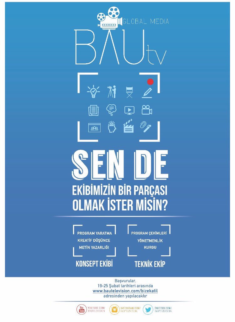 Başvurular başladı!
Sen de BAU TV'nin bir parçası olmak istiyorsan, bautelevision.com/bizekatil adresinden başvuruda bulunabilirsin! 
Seni bekliyoruz!