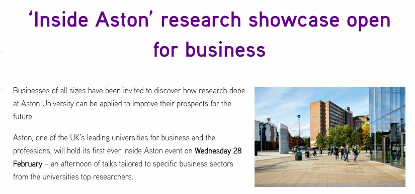 Story_Comms's tweet photo. Businesses invited to learn about the practical applications of latest @AstonUniversity research at #InsideAston event. Find out more via @business_bham 👉 https://t.co/edxOpENRu5  #Brum #UKbusiness https://t.co/a0vhllMjym