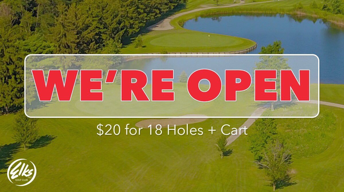 WE ARE OPEN! $20 for 18 holes + cart. Give us a call at (937) 382-2191 to set up a tee time! #Elks797GC