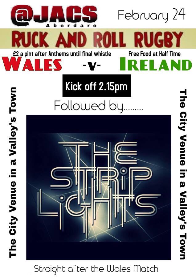 This Saturday here at Jacs free entry all day free half time food and £2 a pint during the wales game