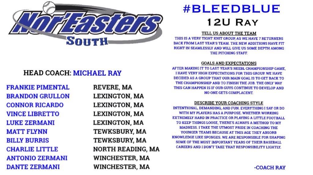 NESouthBaseball's tweet photo. It’s a brand new week and we find Head Coach Michael Ray and the 12U team at the center of this week’s #MeetTheTeamsMonday.
#bleedblue #thenoreasterway https://t.co/PXbkPdvbF9
