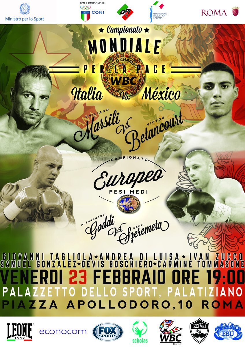 FPIBoxe's tweet photo. Mondiale della Pace - Europeo Medi: 📍Roma  23/02 PALATIZIANO 
📺 @FOXSportsIT  
Official Weigh IN 22/02 📍Roma @Ibis Styles RM @emilianom76 #Goddi @OpiSince82  https://t.co/2VvtOg0CHV https://t.co/o6M5PyGznD