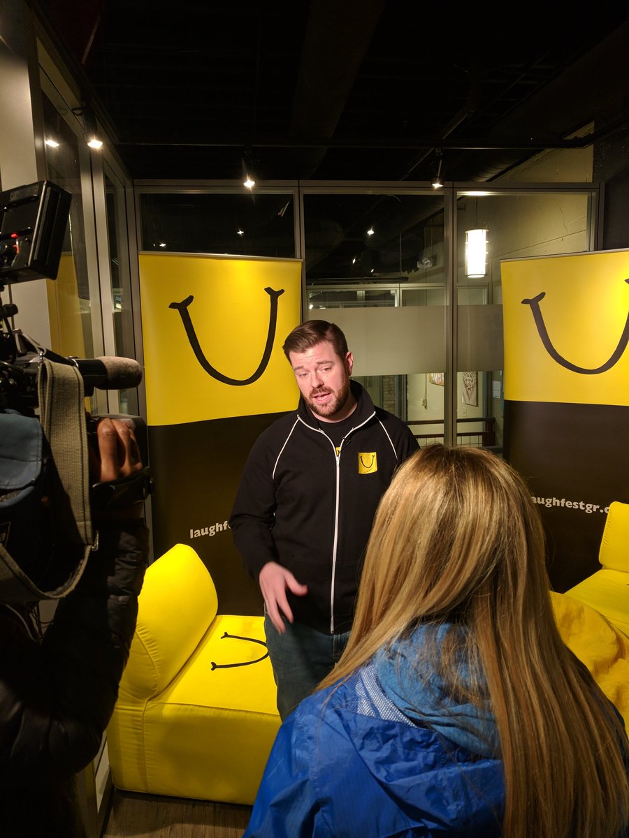 StuMcCallister's tweet photo. .@Benjamin_Wilke talking with @CandaceM_wx on @FOX17 about the opening of @LaughFest Central. Go buy some tix and merch! It's open til Mar 18th! https://t.co/LsxpvzVwx7