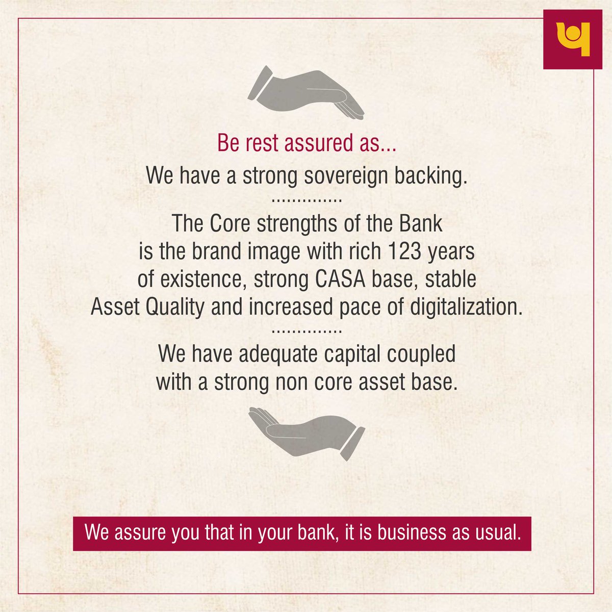 pnbindia's tweet image. The Bank has the capacity and capability to handle the situation and protect the interest of the Institution. Some news like restrictions on withdrawal etc. is floating in some channels. It has been created by some miscreants and is totally baseless.