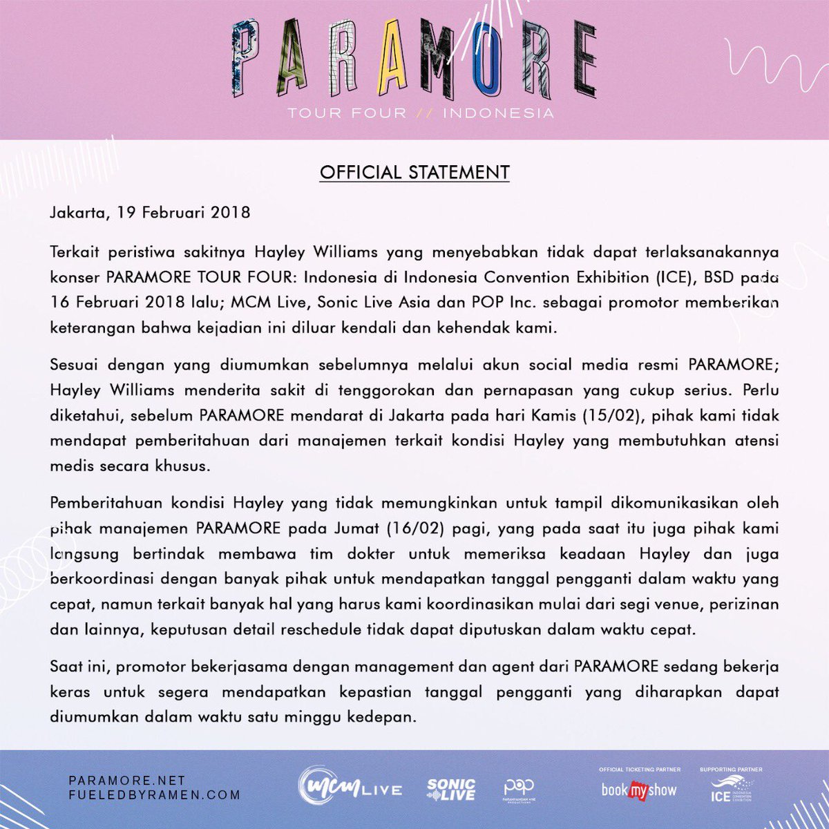 SonicLiveAsia's tweet image. Saat ini, tim kami sedang berusaha untuk mewujudkan penjadwalan ulang Paramore Tour Four Indonesia. Kami sangat menghargai dukungan semua pihak, namun kami juga meminta semuanya untuk bersabar sampai semua dapat dipastikan.

Terima kasih.