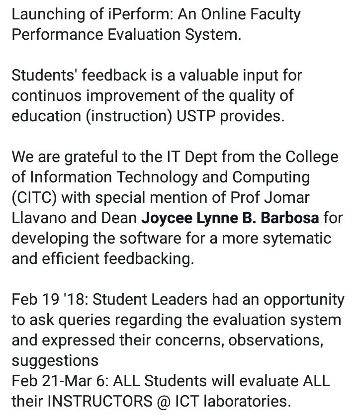 ustposacdo's tweet photo. Launching of iPerform: An Online Faculty Performance Evaluation System.

Students' feedback is a valuable input for continuos improvement of the quality of education (instruction) USTP provides. 

Thank you, Sir Jomar Llevano  IT Dept and CITC! https://t.co/UOyI9ykYxW