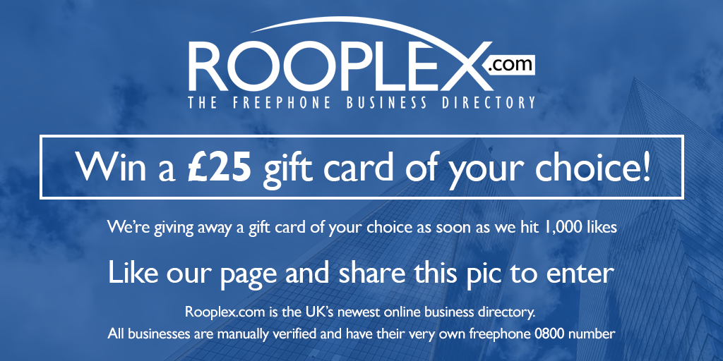 RooplexLtd's tweet photo. Double your chances of #winning a £25 gift card by liking our Facebook page here: https://t.co/OfLH1V71WG #CompetitionTime https://t.co/cw5MuDFXrK