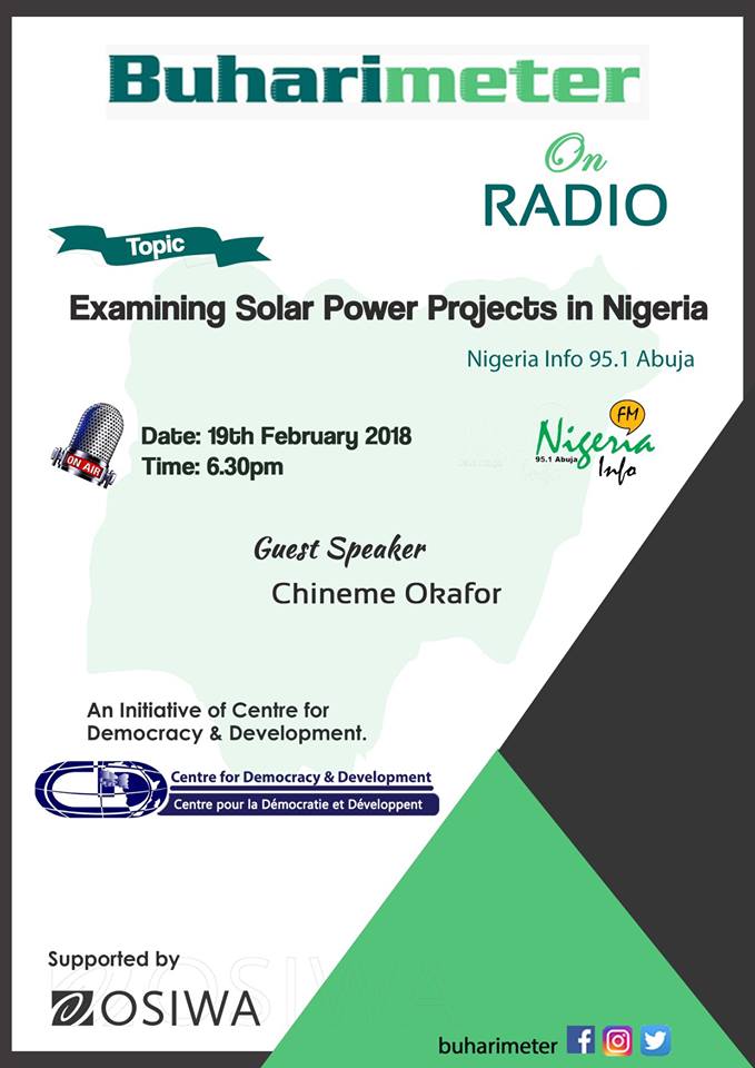 buharimeter's tweet photo. What is your assessment of @MBuhari's government in harnessing Solar energy in power generation for the country in the last 3 years. Tune in to @NigeriaInfoAbj for today's episode of the #Buharimeter Radio as we look at Solar Projects in Nigeria.
#PromiseTracking
#CDDWAfrica https://t.co/vgqP2R3qEX