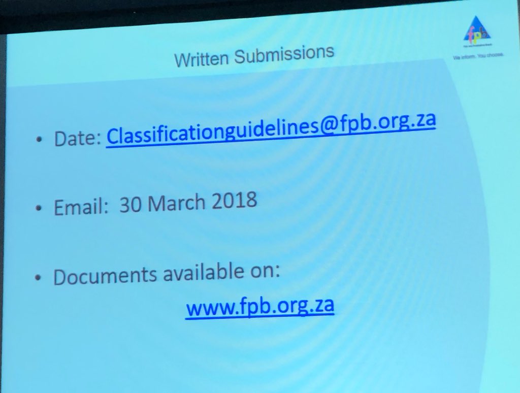 FPB_ZA's tweet photo. South Africans can make written submissions to the FPB regarding the guidelines. #GuidelinesReview https://t.co/cq574g0Zw7