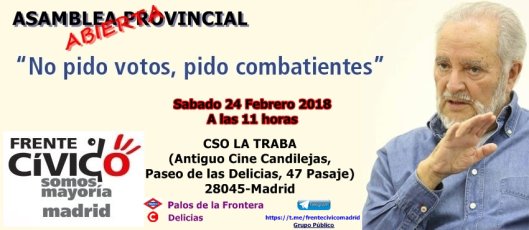 FrenteCivicoMad's tweet photo. Asamblea Provincial del @FrenteCivico en Madrid el sábado 24 de febrero a las 11 h en el CSO La Traba https://t.co/4TfCS4Qw6V Asistencia abierta. https://t.co/XfgJNQD1lD