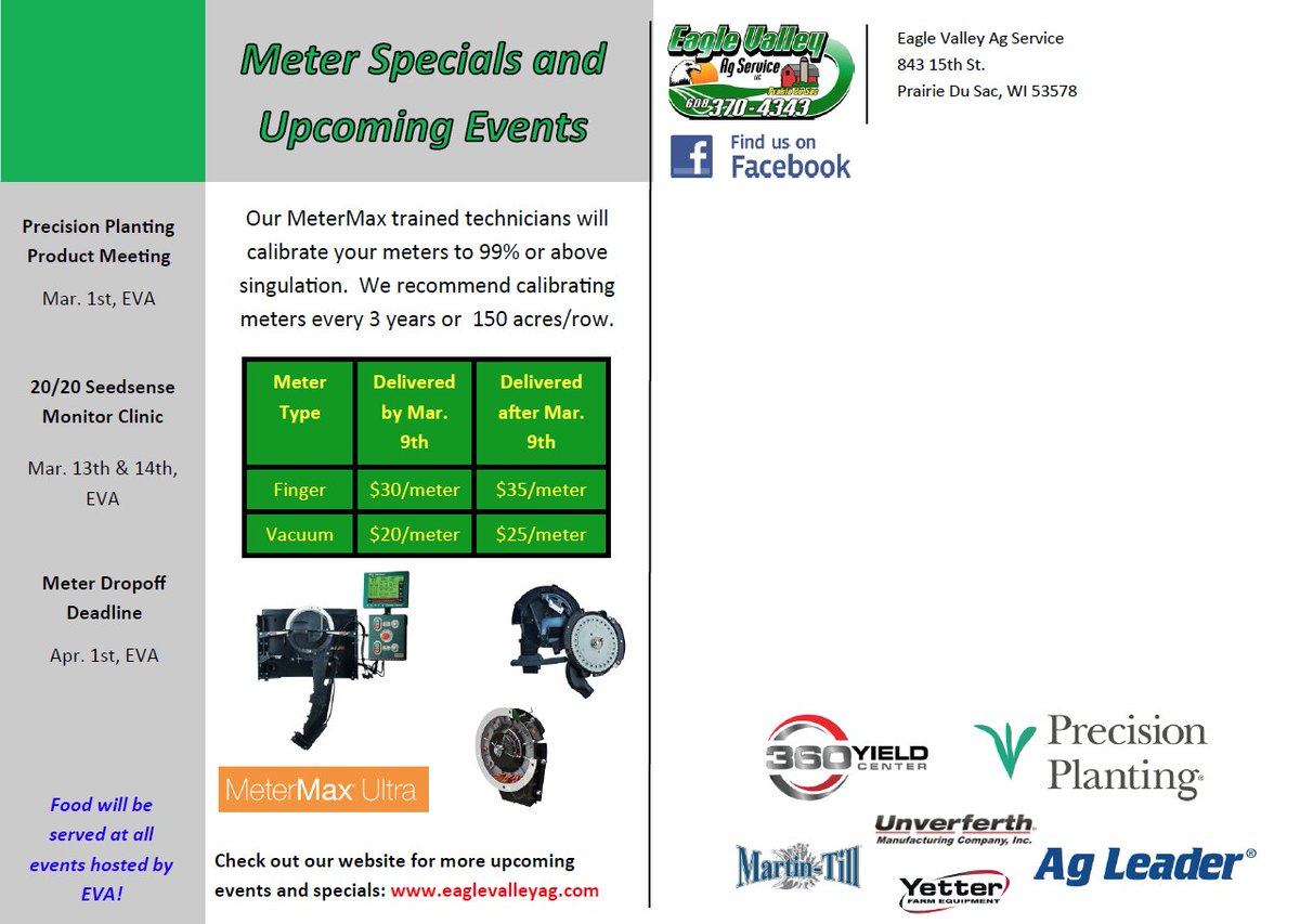EagleValleyAg's tweet photo. Mark your Calender's! It's officially planter season at EVA. The shop is filling up, the meter room is ready, our first @precision_plant grower meeting of the year is March 1st, and don't miss one of our 20|20 monitor training's on March 13th or 14th. @PrecisionMike82 https://t.co/yzx8uRAVep