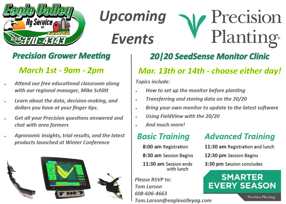 EagleValleyAg's tweet photo. Mark your Calender's! It's officially planter season at EVA. The shop is filling up, the meter room is ready, our first @precision_plant grower meeting of the year is March 1st, and don't miss one of our 20|20 monitor training's on March 13th or 14th. @PrecisionMike82 https://t.co/yzx8uRAVep