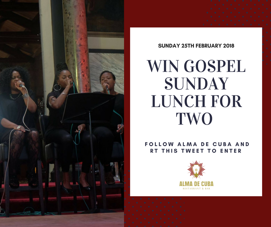 almadecuba's tweet photo. 🎵 Win Sunday Lunch for two people this weekend 🎵

All you need to do is retweet this tweet and be following us. 

Winner announced Thursday. 

#AlmadeCuba https://t.co/epmDC2FvTx