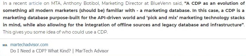 SamSkears's tweet photo. Do You Really Need A CDP? This article may help you figure it out! and if you do @BlueVenn are here to help. https://t.co/kxT7pbnsHs  #CDP #marketingautomation #databasemarketing #data https://t.co/LUsgZBBcnm
