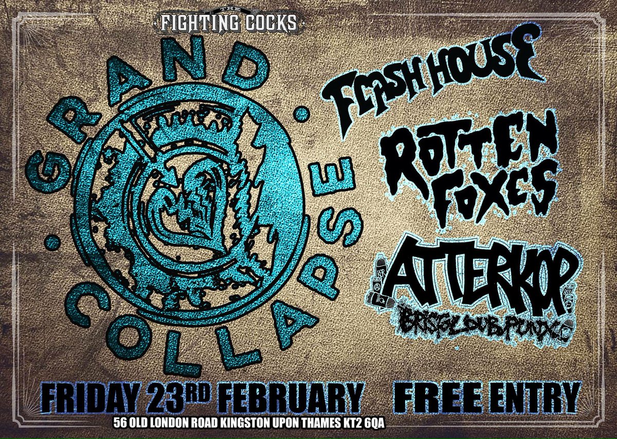 This Friday night! FREE ENTRY hc punk special with <a href="/GrandCollapse/">Grand Collapse</a> #rottenfoxes <a href="/flashhouseband/">Flash House</a> <a href="/Atterkop/">Atterkop</a> #livemusic #punk #kingston