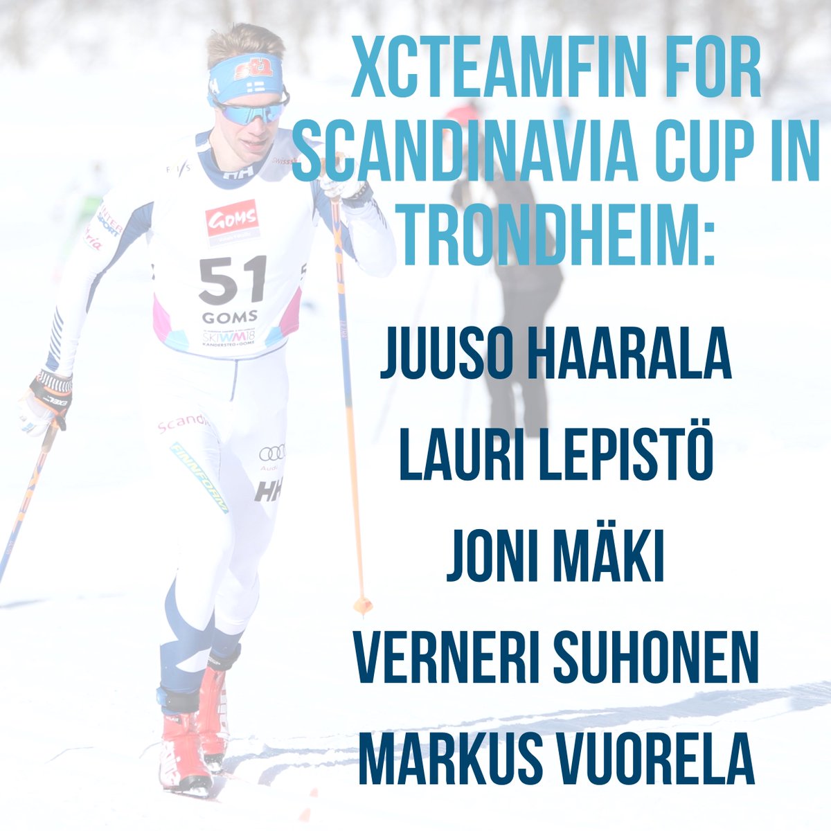 #xcteamfin men for Scandinavia Cup in Trondheim: 
Juuso Haarala, <a href="/LepistoLauri/">Lauri Lepistö</a>, <a href="/MakiJoni/">Joni Mäki</a>, <a href="/VerneriSuhonen/">Verneri Suhonen</a> &amp; @m_vuorela 👊
#scandinaviacup #hiihto