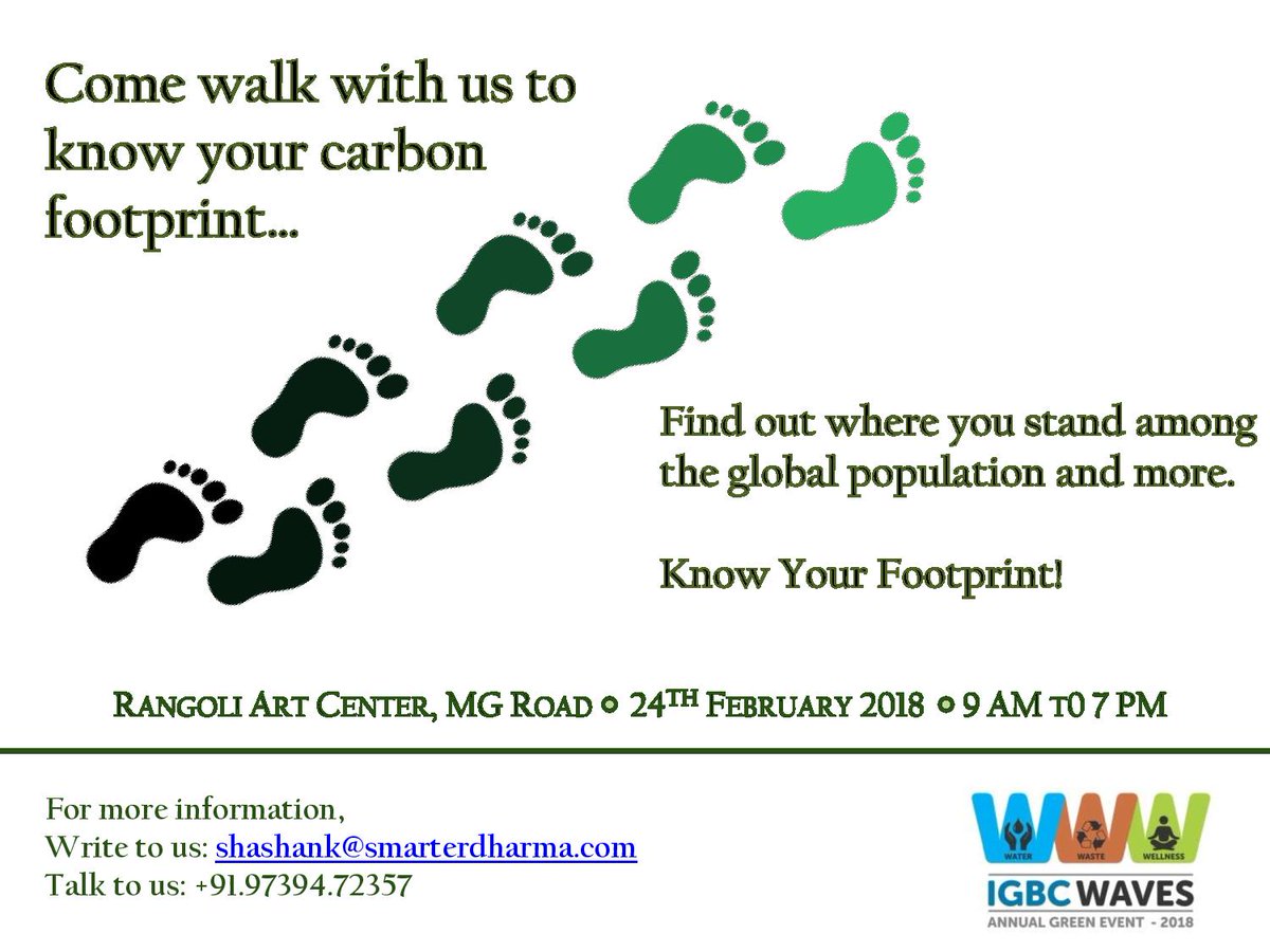 smarterdharma's tweet photo. #Bangalore- Want to calc your carbon footprint?
Join us at MG Road boulevard on Feb 24!
@IGBConline #IGBCwaves @FollowCII @CREDAINational @WFRising @IChangeMyCity @icindngr
We're making it happen- IGBC's first carbon neutral event! https://t.co/gmsFxIIhML