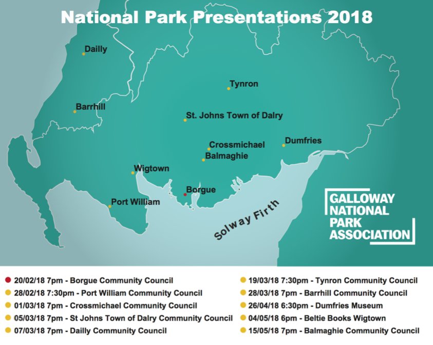 We're hitting the road over the next few weeks, travelling across Galloway to discuss National Parks with Community Councils. These are all public meetings and we'd love to see some of our Twitter followers in person! 
More meetings are planned, so stay tuned for more info!
