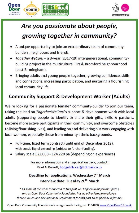 HHOpenDoor's tweet photo. Are you passionate about community building and supporting people by getting alongside them then this is for you! #ABCD @FirsBromford #TogetherWeCan https://t.co/kiwPadVVX9