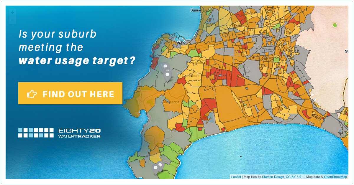 Eighty20coza's tweet photo. Has your suburb been meeting its water usage target? Check out our Water Tracker visualisation to find out. Visit https://t.co/vbUHBhRk7m https://t.co/S6m8zo0Ayh
