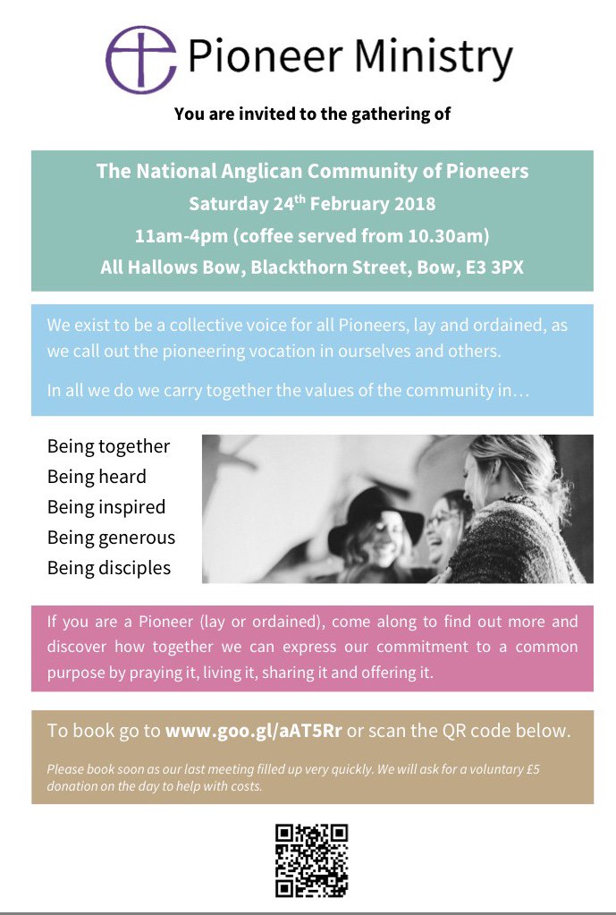 The National Community of Pioneers is meeting this Sat 24 Feb. If you're a lay or ordained Pioneer, this will be a great day looking at the values of being together, heard, inspired, generous and disciples <a href="/freshexpression/">Fresh Expressions</a>
11am-4pm <a href="/AllHallowsBow/">All Hallows Bow</a> E3 3PX
buff.ly/2ola0X0