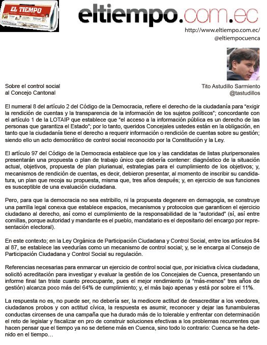 .@CPCCS
Sobre el control social al #ConcejoCantonalCuenca una reflexión necesaria para entender el papel de una #VeeduríaCiudadana y su derecho al control de lo público

Lea: goo.gl/4f8mB4

Entrevista: goo.gl/R6qw9f