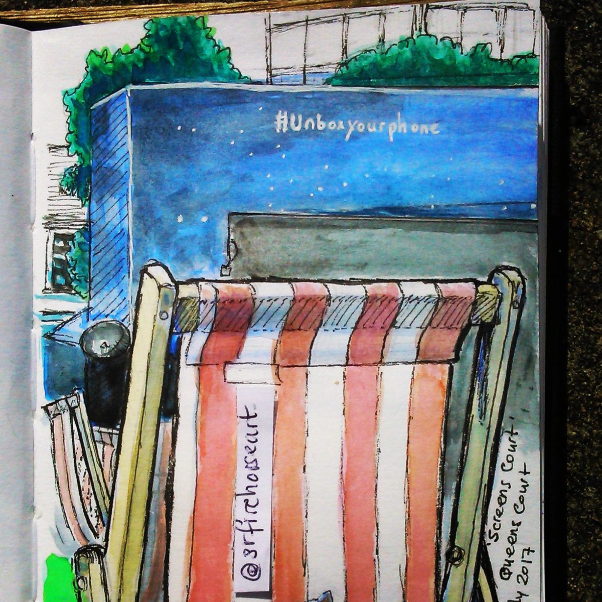 Screens Court. 
#urbanlandscape #drawing #sketching #miltonkeynes #mk50
A sunny view from last year, of Queen's Court at the <a href="/centremk/">centre:mk</a>, complete with deckchairs for Wimbledon tennis &amp; films. 
Pencil, ink, @winsorandnewton watercolours &amp; gel pen in a <a href="/SeawhiteLtd/">Seawhite of Brighton</a> sketchbook