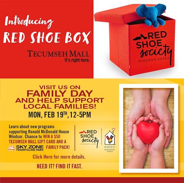 EyesOnWindsor's tweet image. Enjoy #FamilyDay at @TecumsehMall &amp;amp; Check Out @RedShoeWE For The Launch Of The #RedShoeBox in Support of @RMHCSWO Feb 19 #YQG ow.ly/220E30irGGG
